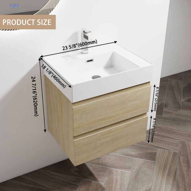 Wall-mounted bathroom vanity with white sink and faucet; light brown two-drawer cabinet