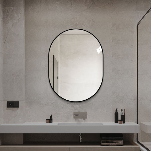 Round bathroom vanity mirror with black frame