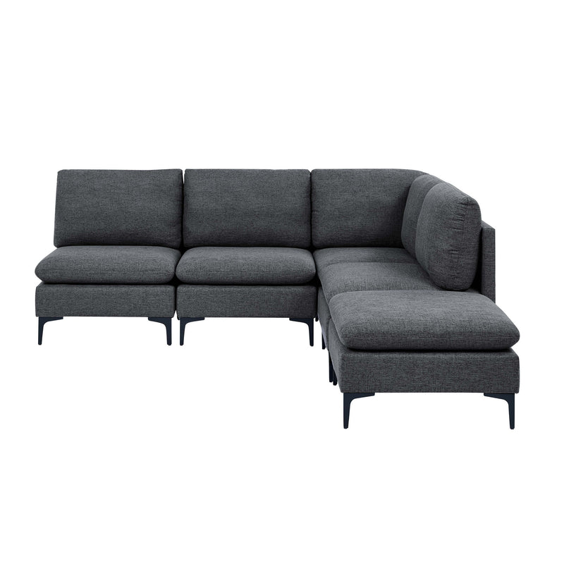 Blue upholstered modular sectional with tall legs and deep right chaise, medium-firm seat