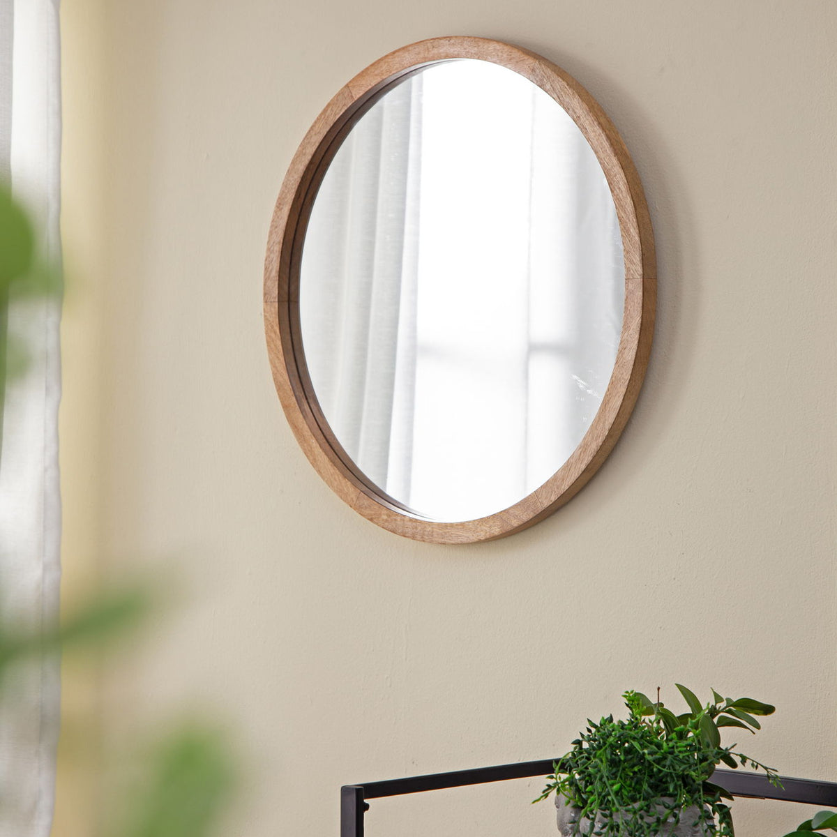 Circle Wall Mirror With Wooden Frame, Wall Mirror For Living Room