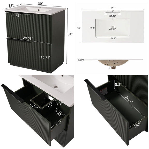 Dark green fluted vanity showing open drawers and ceramic sink, with soft-close slides