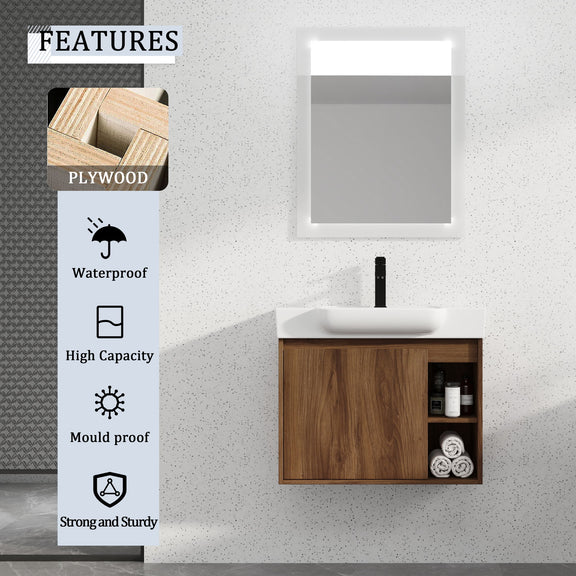 Wall-mounted bathroom vanity with sink, brown wood cabinet and open storage shelf