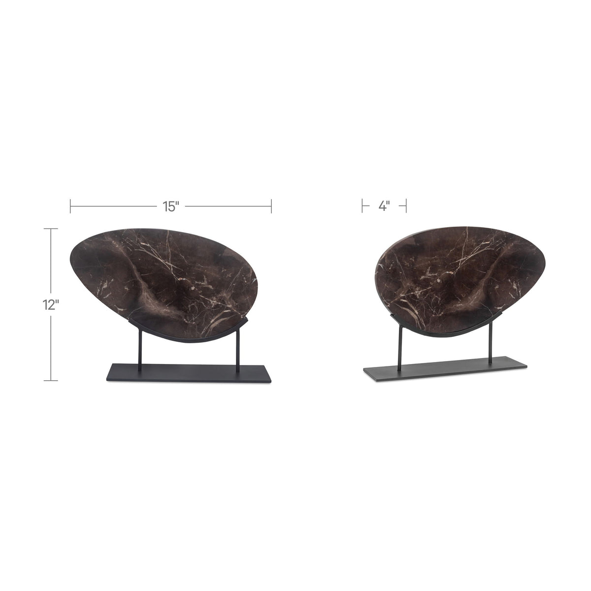 Brown marble-look oval sculpture with dimension lines; black metal stand and base