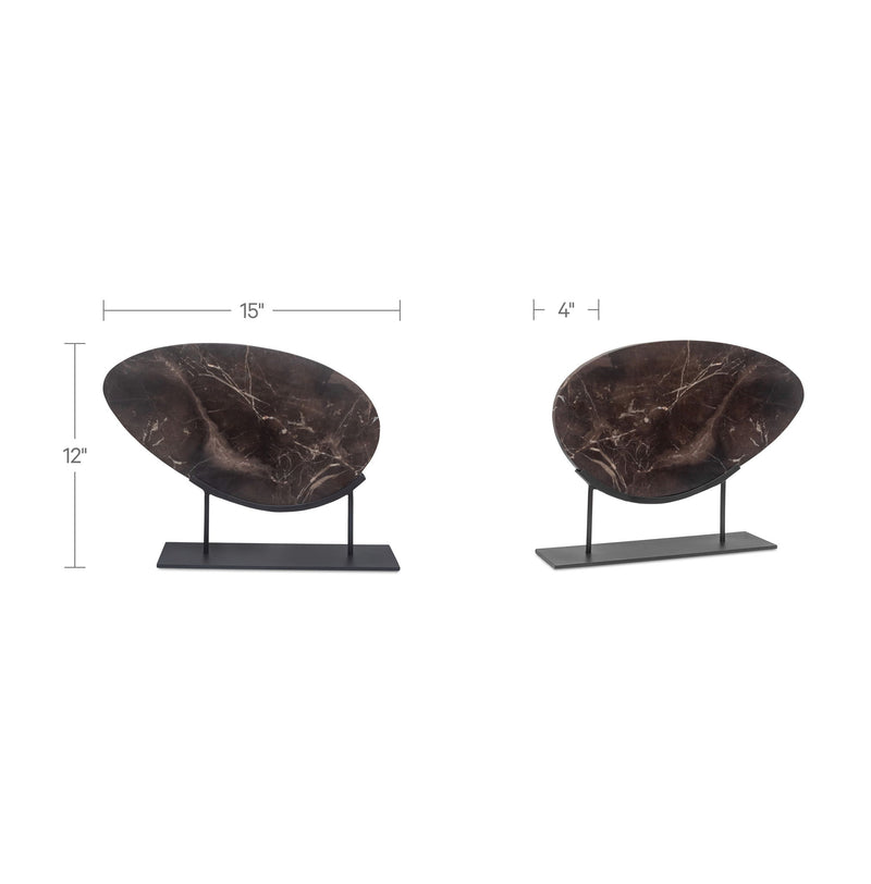 Brown marble-look oval sculpture with dimension lines; black metal stand and base