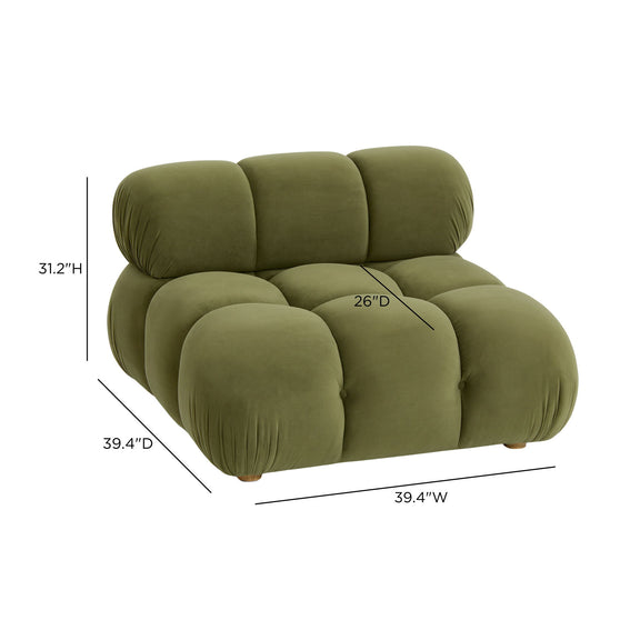 Olive green modular armless chair with rounded seat and back cushion blocks