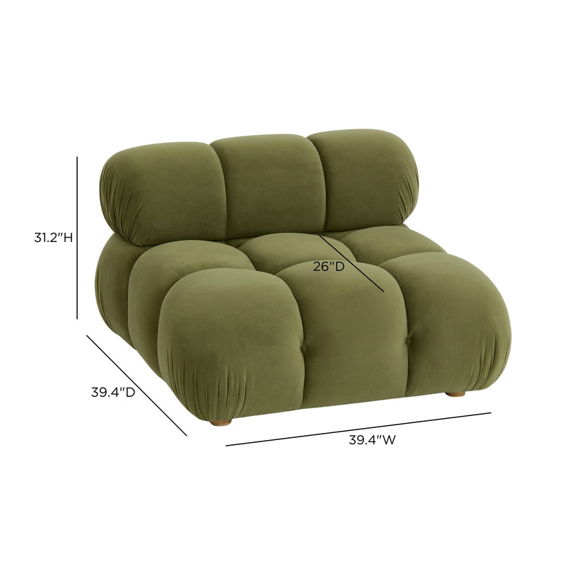 Olive green modular armless chair with rounded seat and back cushion blocks