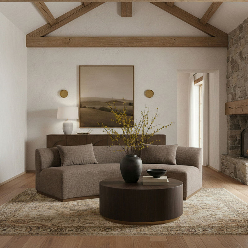 Dark brown chenille upholstered sofa with multiple cushions and wide seating