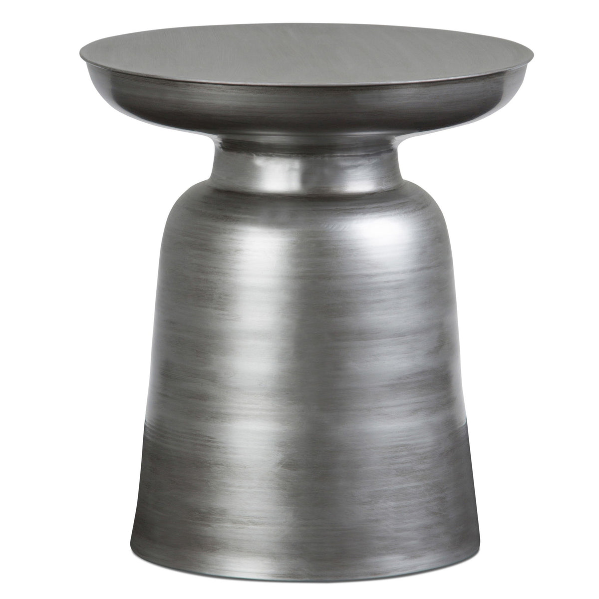 Pearl silver round bell accent table with wide top and hourglass pedestal