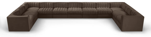 Dark brown modular sectional sofa with velvet-look upholstery and tufted cushions