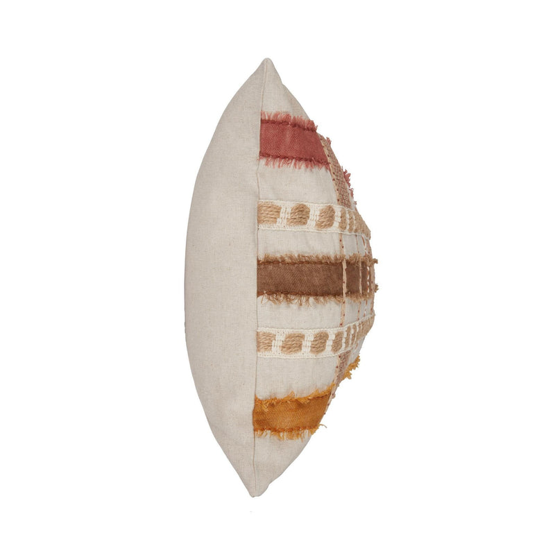 Stratton ML pillow side view, patchwork panel with orange and rust accents