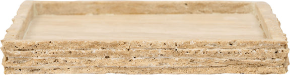 Beige travertine tray side view, layered edge and smooth top surface.