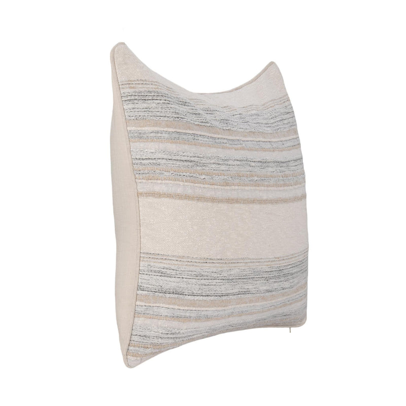 Ivory pillow with gray-and-beige horizontal stripes on one side panel
