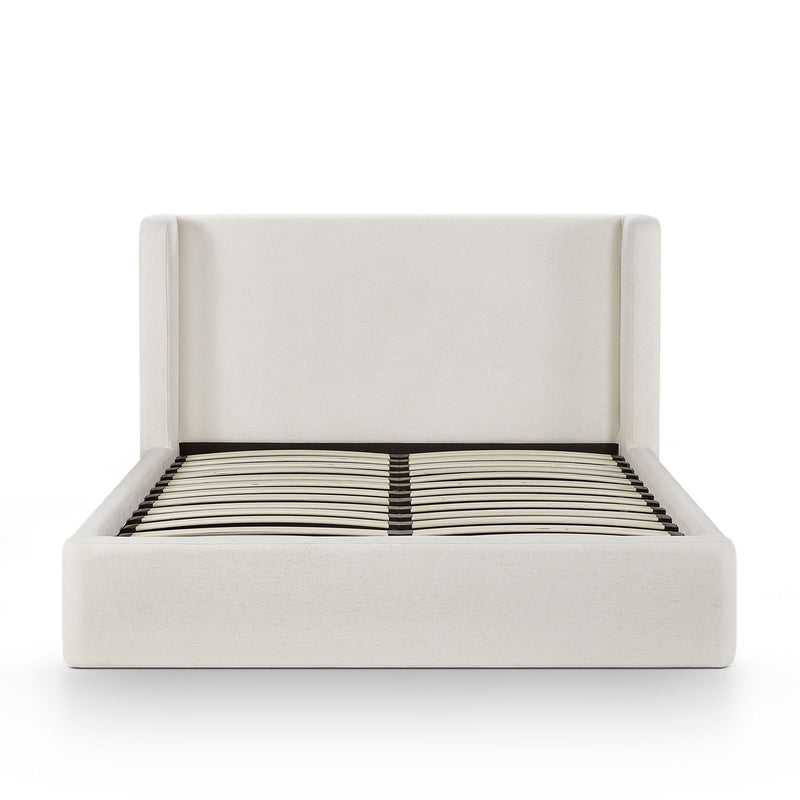 Upholstered platform bed with tall headboard, light beige fabric frame and striped slat base