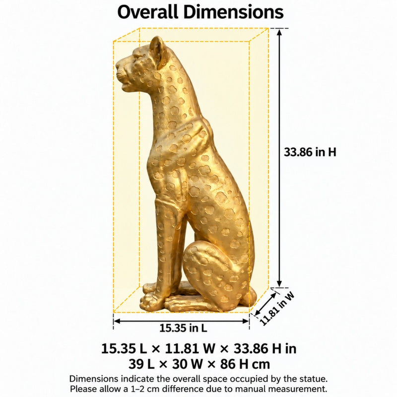 Side view of the gold leopard statue; dimensions are 15.35 by 11.81 by 33.86 inches