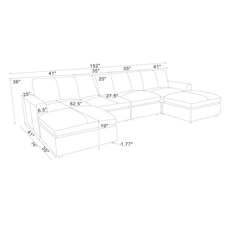 Sectional sofa layout diagram with dimensions and ottoman bench