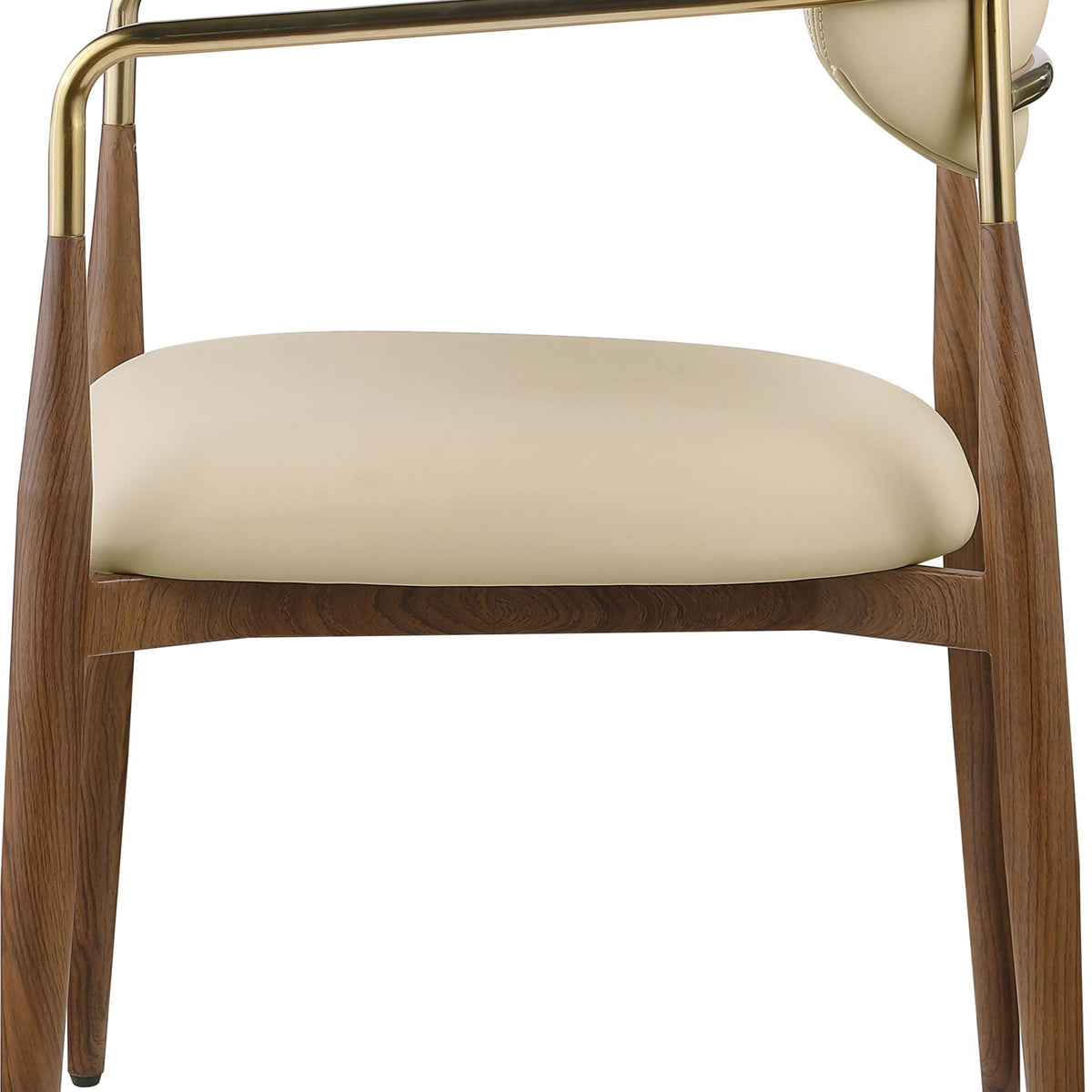Light beige upholstered dining arm chair with gold arm frame and wooden legs