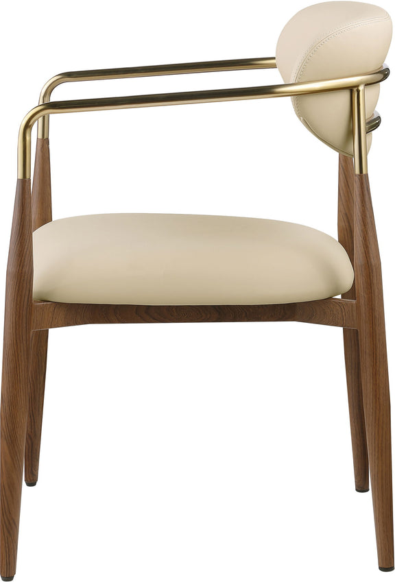 Light beige upholstered dining arm chair with gold arm frame and wooden legs