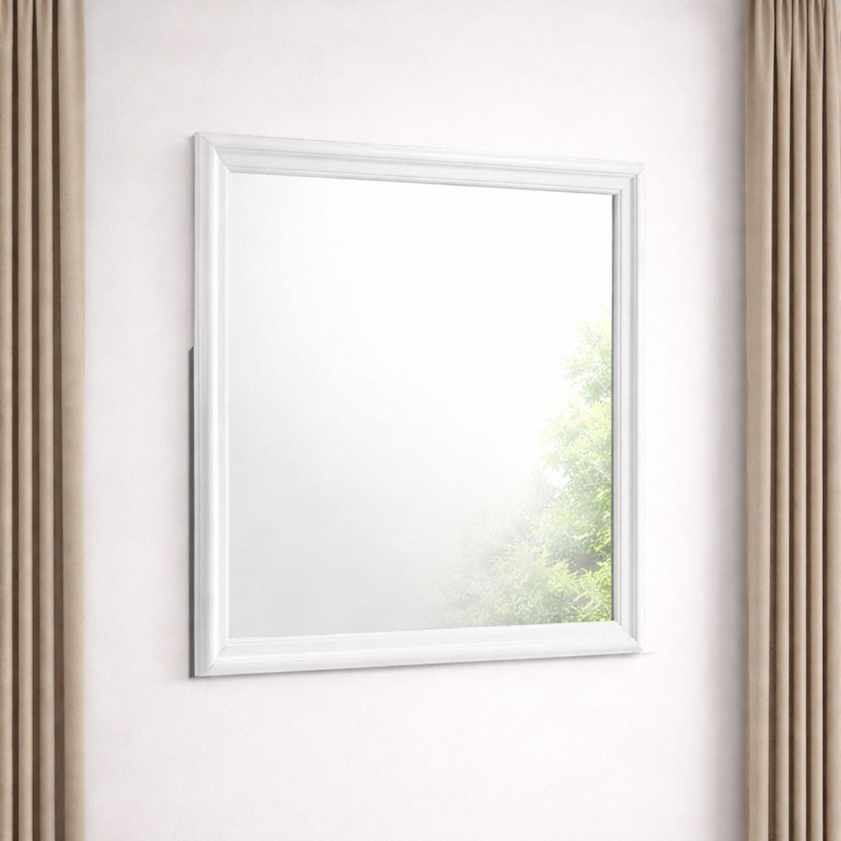 White framed square Blaze mirror mounted on wall, reflective glass panel