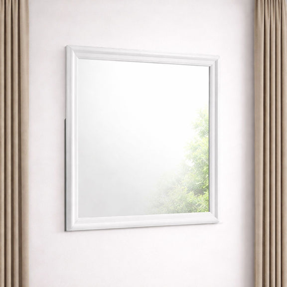 White framed square Blaze mirror mounted on wall, reflective glass panel