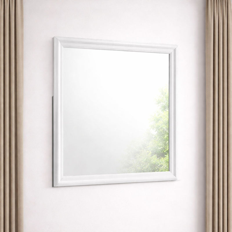 White framed square Blaze mirror mounted on wall, reflective glass panel
