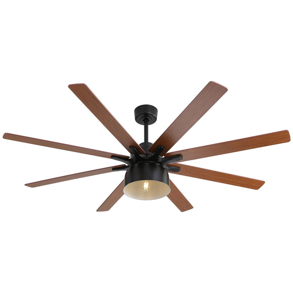 Black ceiling fan with six wood blades and centered lit glass light shade