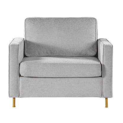 Upholstered single accent chair with square arms and pillow-back, light gray fabric