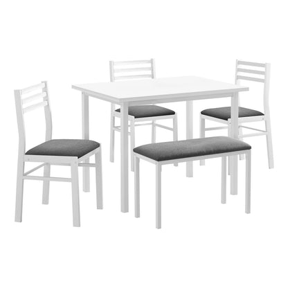 White 5-piece dining set with rectangular table and 4 dark gray padded chairs