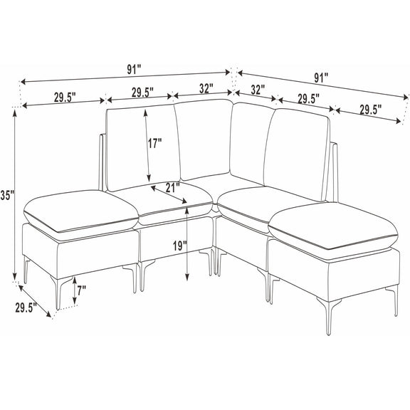 Upholstered modular sectional with tall legs, corner and ottoman sections, dimension view