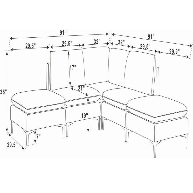 Upholstered modular sectional with tall legs, corner and ottoman sections, dimension view