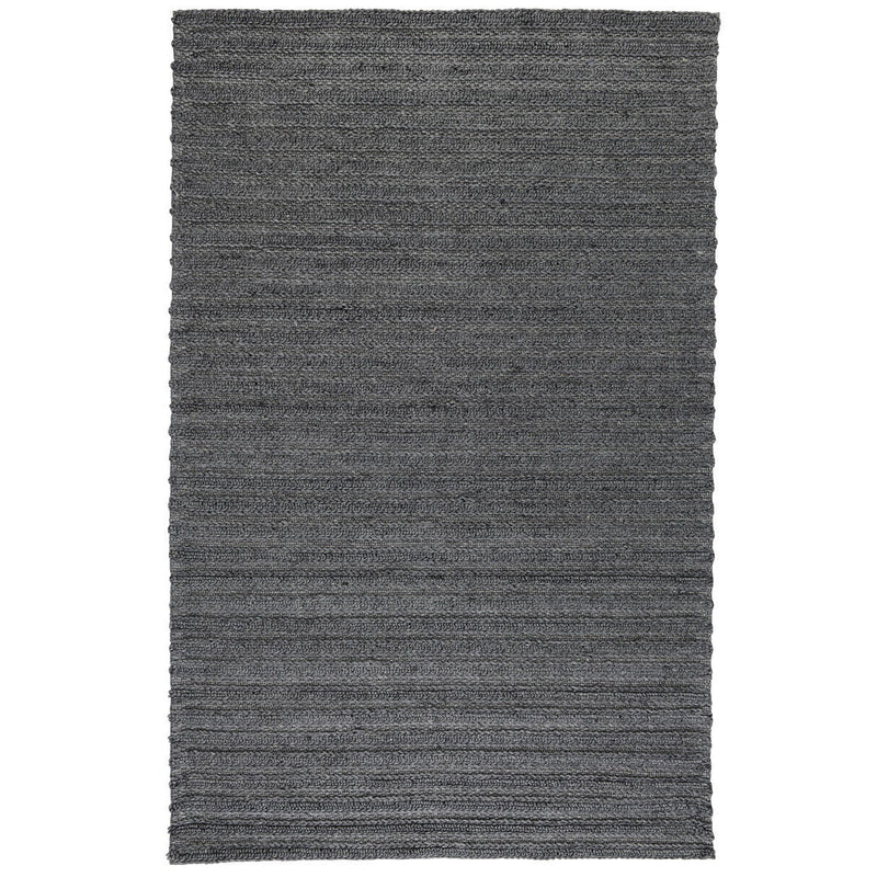 Charcoal flatweave area rug with muted heather texture and simple straight edges