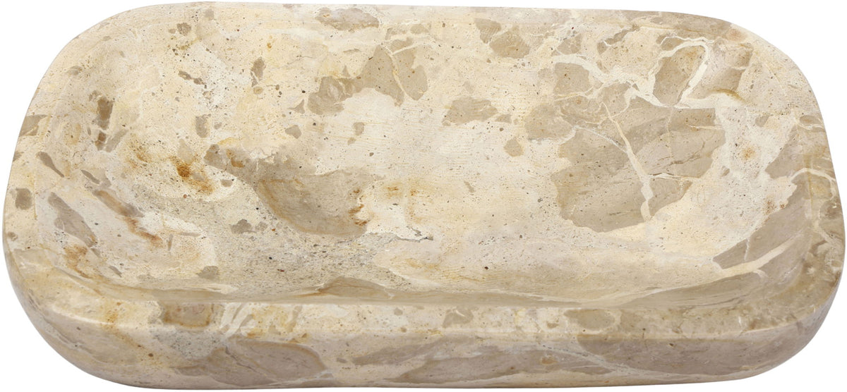 Genuine marble tray in beige with tan and light veining, rounded oval shape