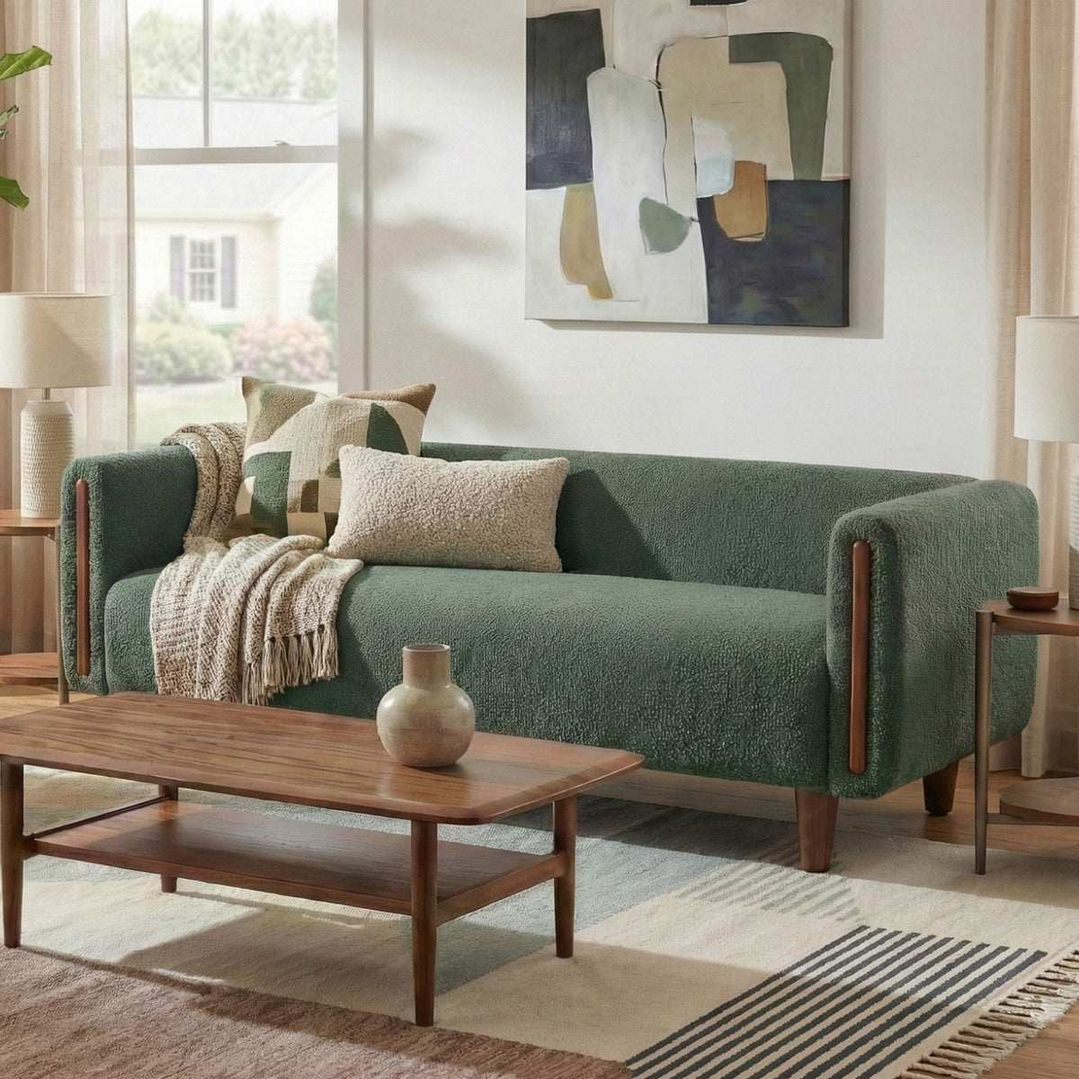 Dark green 3-seater sofa with armrests with pillows, styled in a living room