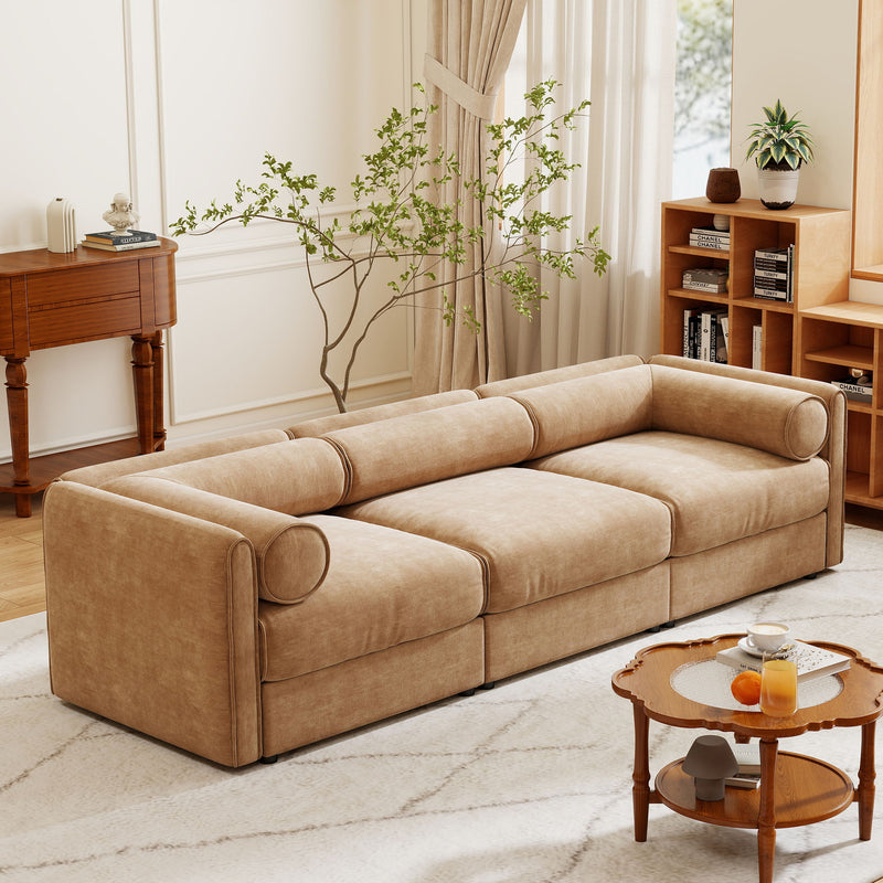 Stylish Chenille Sofa With Storage Seat And Cylindrical Backrest