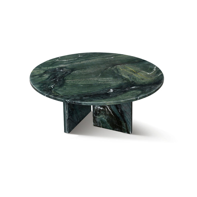 Round dark green marble coffee table with dramatic dark veining and two side supports.