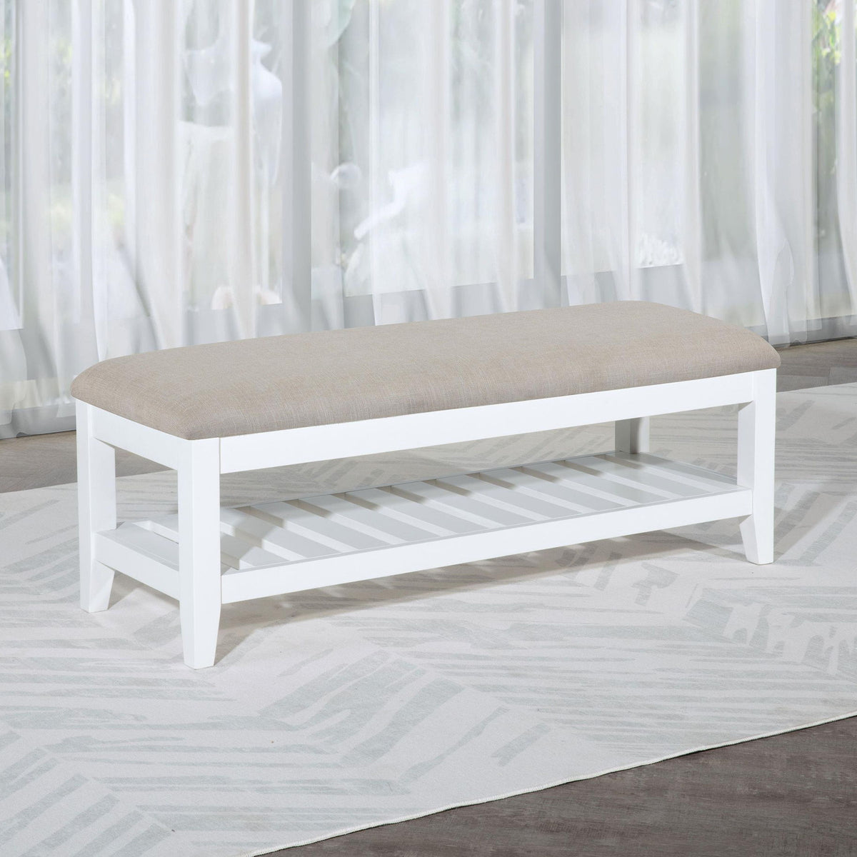 Bexhill Upholstered Rectangular Bench with Shelf White