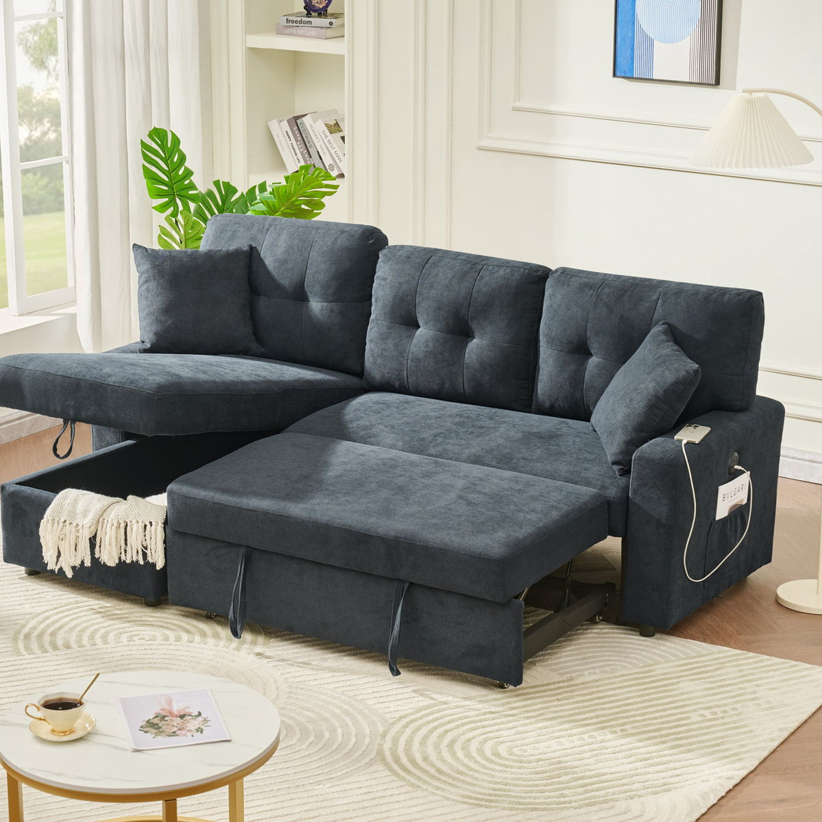 Reversible Sofa Couch Sleeper With Pull Out Bed And USB Port
