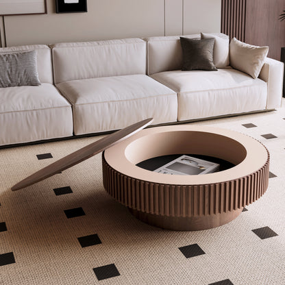 Round Coffee Table Hidden Storage Solid Wood Veneer Walnut 39.37-inch