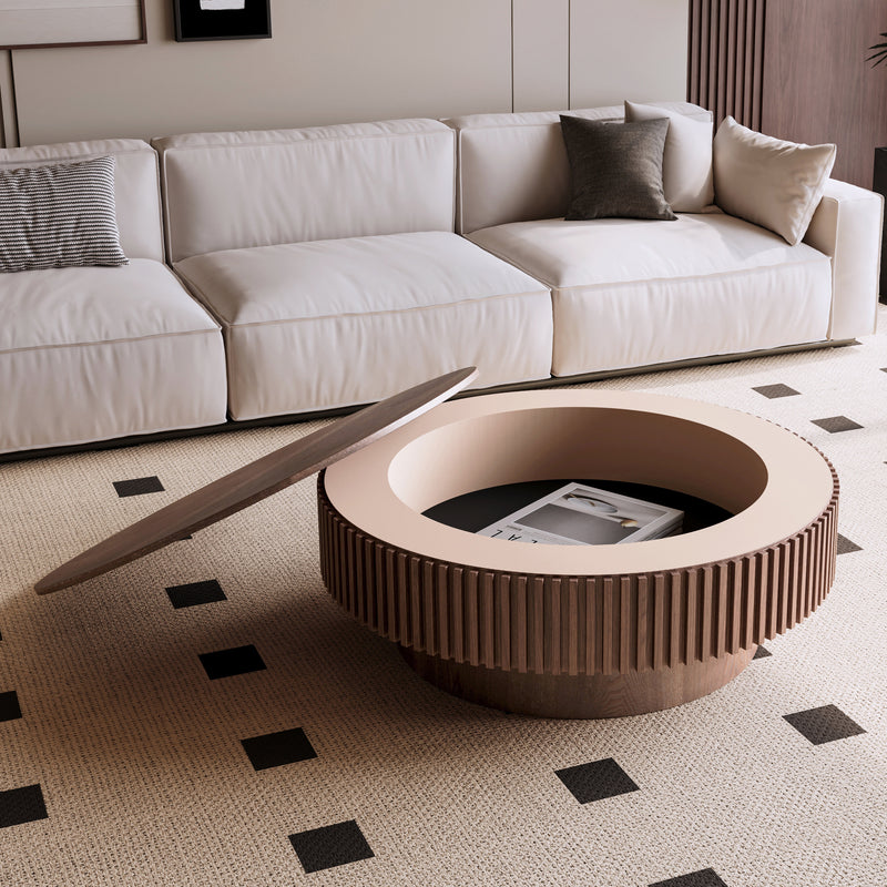 Round Coffee Table Hidden Storage Solid Wood Veneer Walnut 39.37-inch