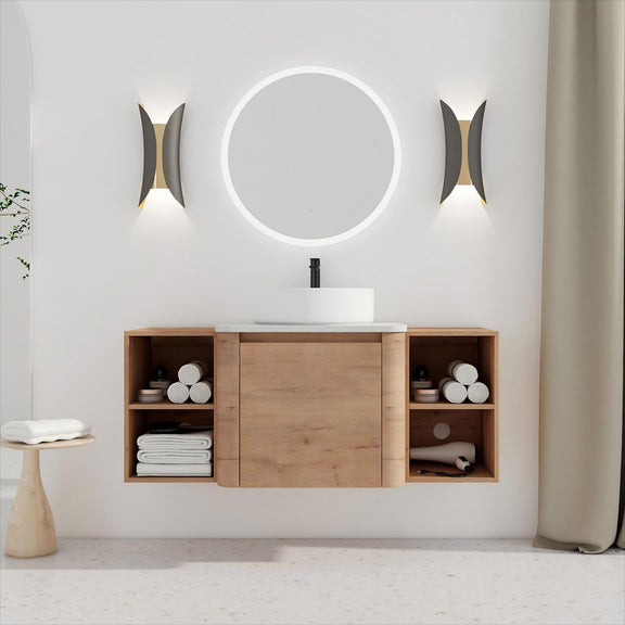 Wall-mounted bathroom vanity with two open side shelves and central cabinet door