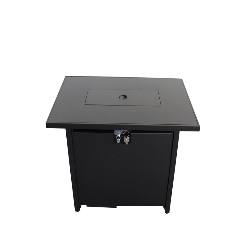 Black steel outdoor fire pit table with closed lid and control knob