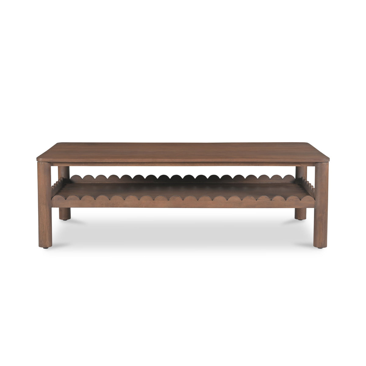 Vintage brown coffee table with scalloped lower shelf and four wooden legs.