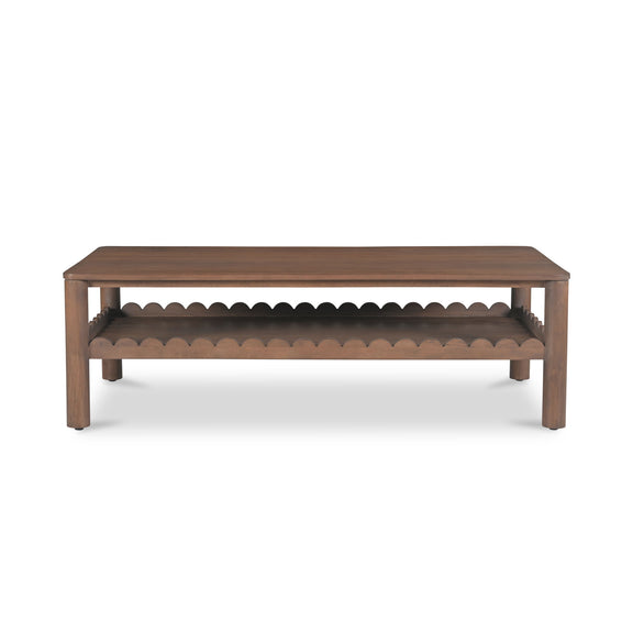 Vintage brown coffee table with scalloped lower shelf and four wooden legs.