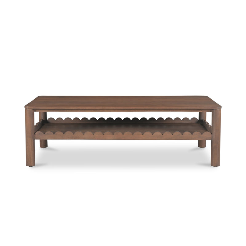 Vintage brown coffee table with scalloped lower shelf and four wooden legs.