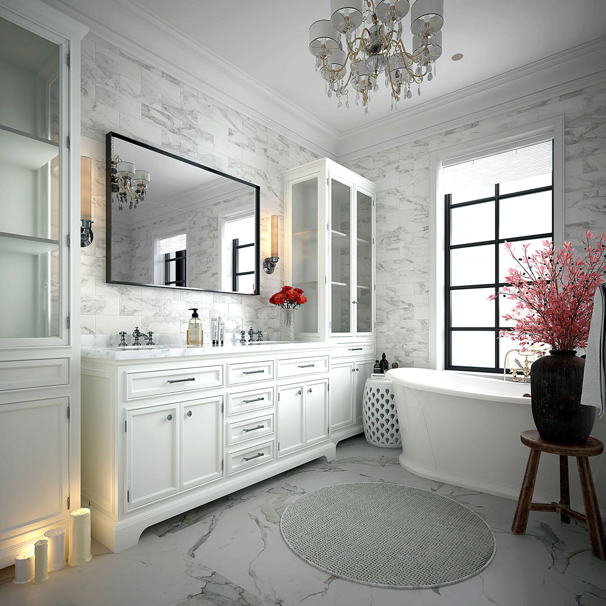 Large rectangular wall mirror with black metal frame in bright bathroom setting.