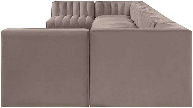 Gray armless velvet modular sectional with tufted back cushions and padded armrests