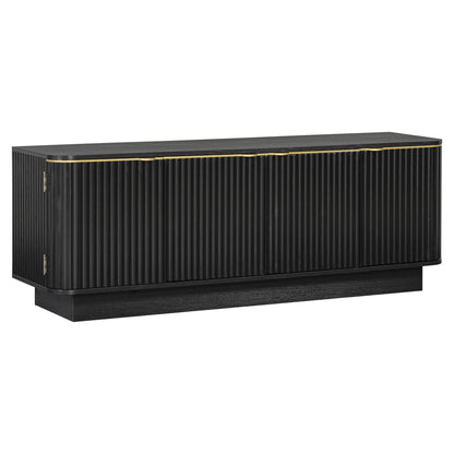 Black ribbed TV console with two cabinet doors and slim gold handles