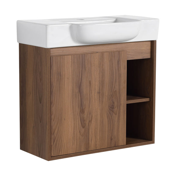 Wall mounted bathroom vanity with sink, dark wood cabinet and white countertop, open side shelf