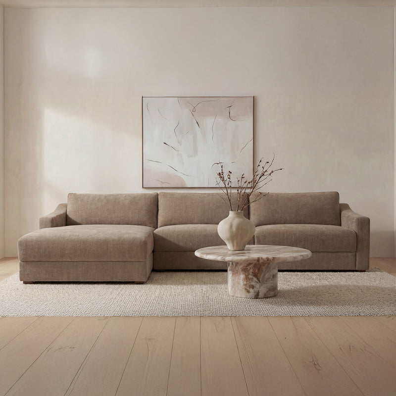Taupe sectional sofa with chaise and multiple seat cushions