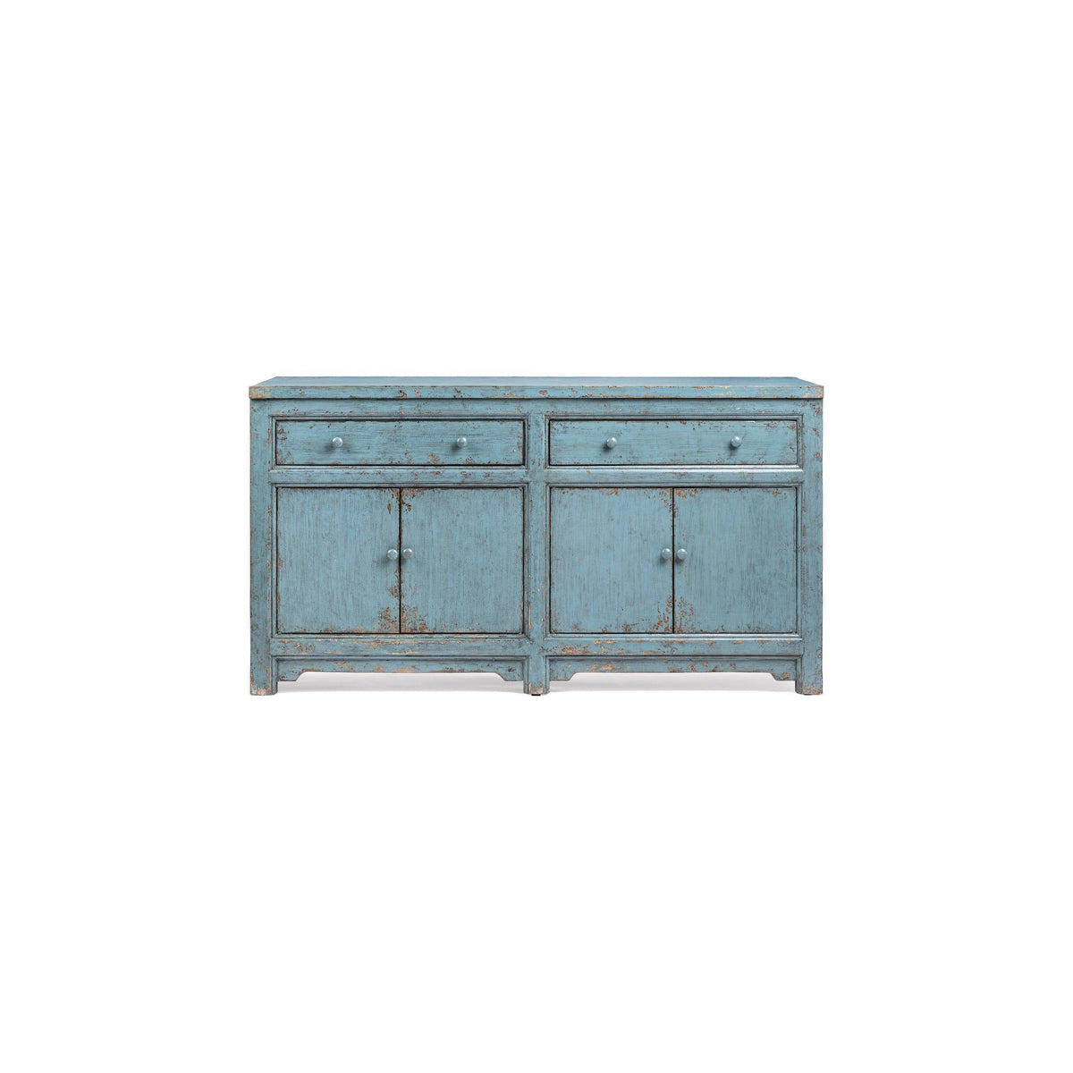 Harbor blue cabinet with two drawers and two cabinet doors with metal pulls