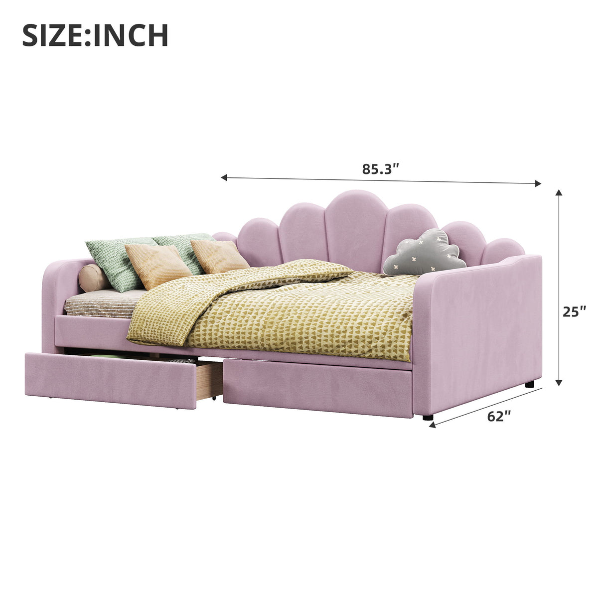 Lilac upholstered daybed frame with shell headboard and slatted mattress platform